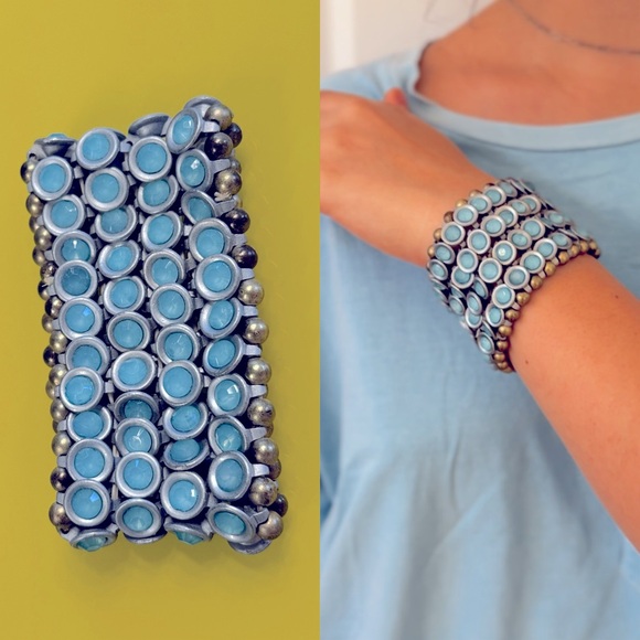 Vintage Chunky Elastic Metallic Turquoise Beaded Bracelet |  Metal - Picture 1 of 1